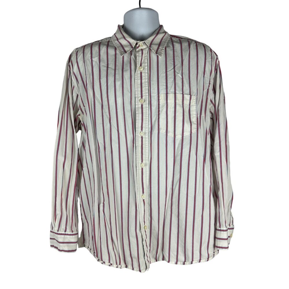 Old Navy Men's Large Long Sleeve White & Red Striped Button-Up Shirt 100% Cotton